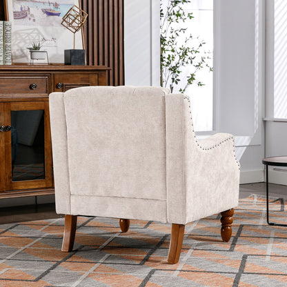 Accent Chair, Living Room Chair, Footrest Chair Set With Vintage Brass Studs, Button Tufted Upholstered Armchair For Living Room, Comfy Reading Chair For Bedroom, Reception Room - Beige