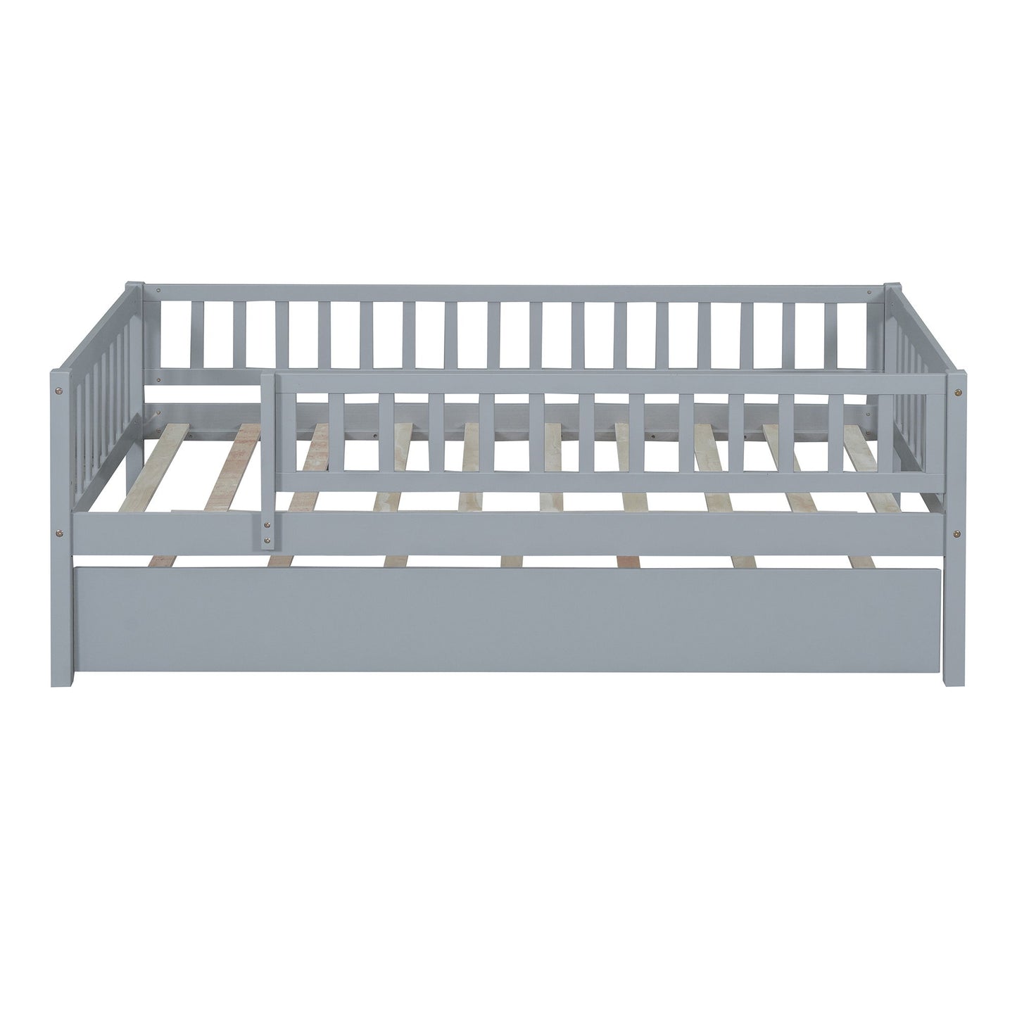 Twin Size Daybed With Trundle And Fence Guardrails - Gray