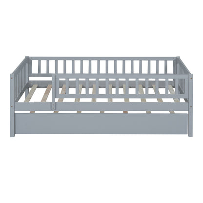 Twin Size Daybed With Trundle And Fence Guardrails - Gray