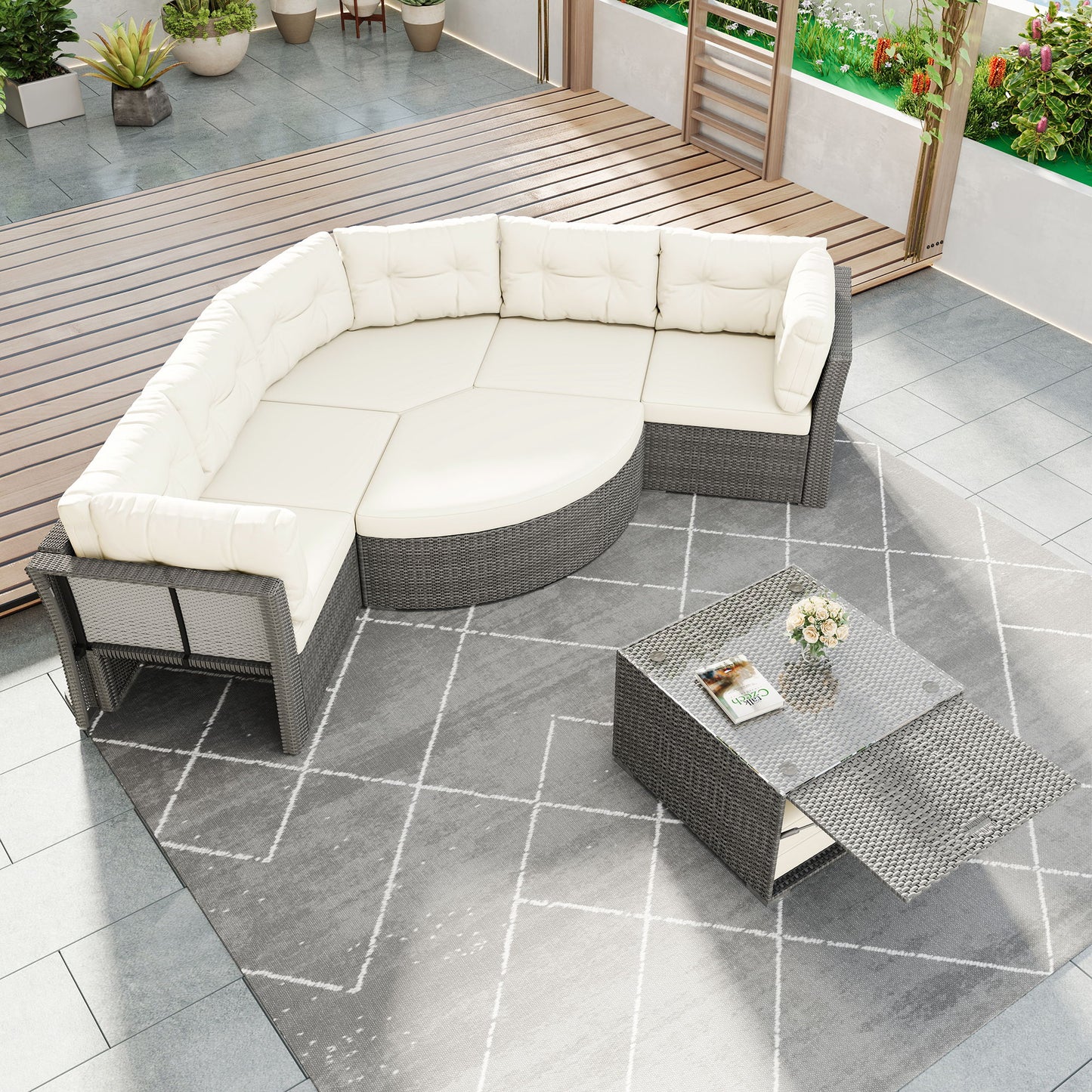 Patio Furniture Set Outdoor Daybed Rattan Sectional With Cushions And Center Table - Beige
