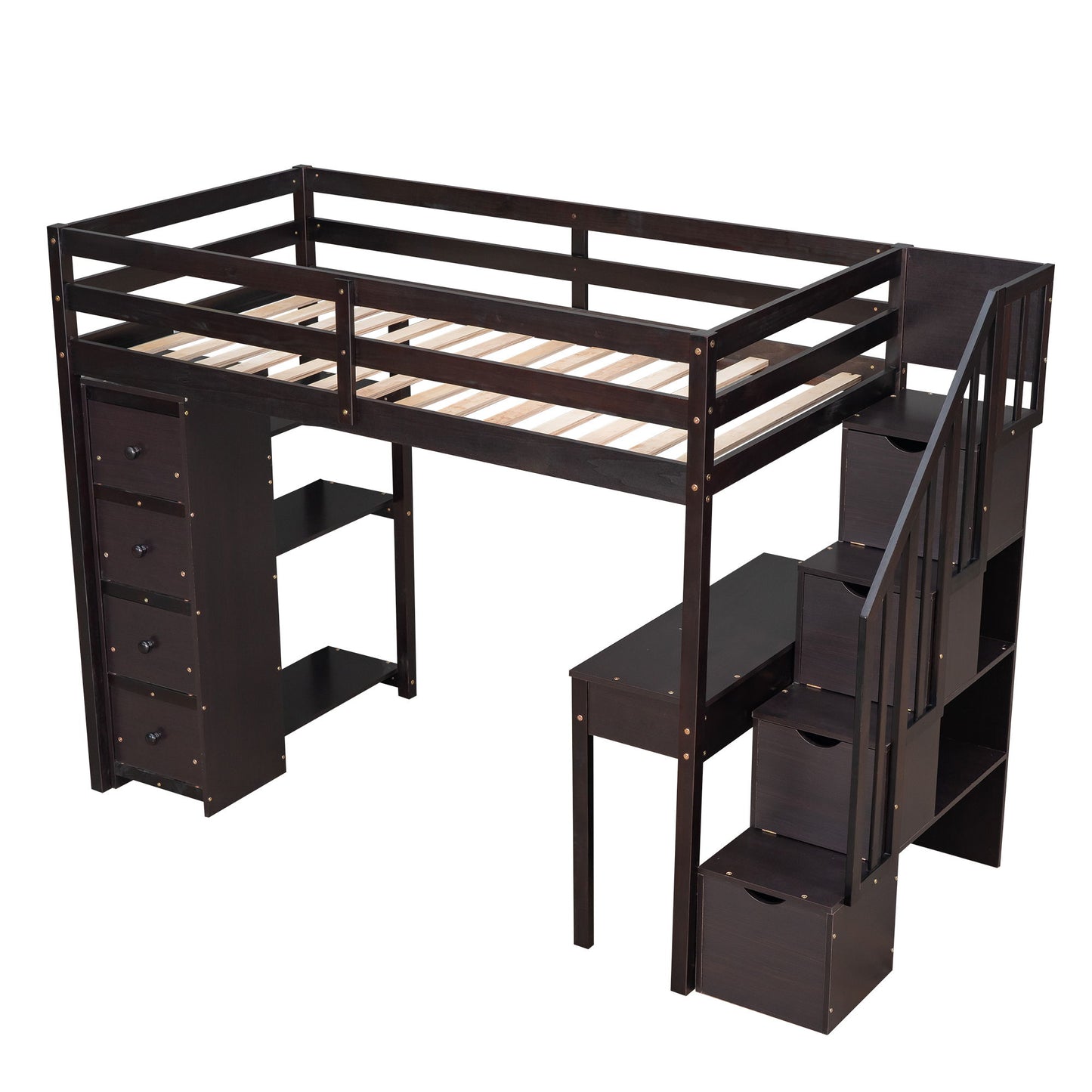 Twin Size Loft Bed With Storage Drawers, Desk And Stairs With Shelves - Espresso
