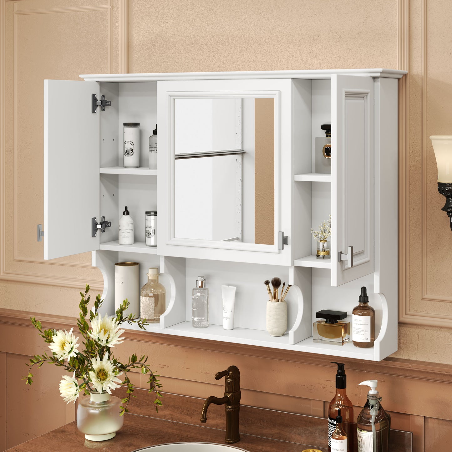 Wall Mounted Bathroom Medicine Cabinet, Modern Bathroom Wall Cabinet With Mirror, Mirror Cabinet With Open Shelves - White