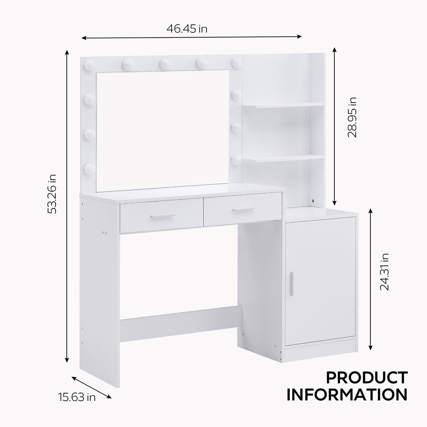 Vanity Desk With Mirror And Lights, 46.4In Dressing Table With 2 Large Drawer & Large Vertical Organizer, 3 Level Dresser & 3 Lighting Modes Adjustable Brightness, Suitable For Bedroom - White