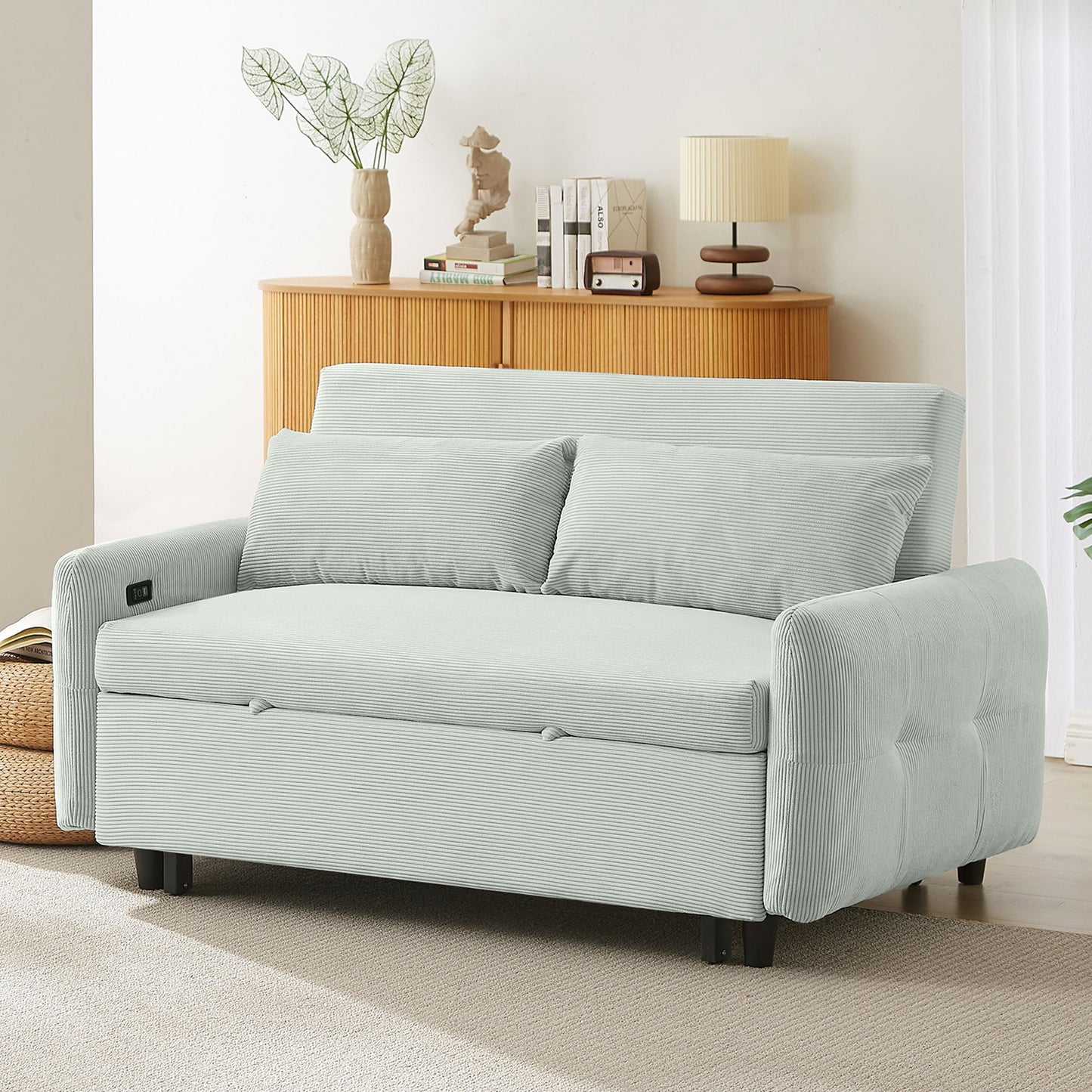 Pull Out Sofa Bed Convertible Couch 2 Seat Loveseat Sofa Modern Sleeper Sofa With 2 Throw Pillows And USB Ports For Living Room - Light Gray Green