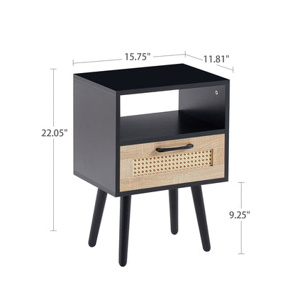 15.75" Rattan End Table With Drawer And Solid Wood Legs, Modern Nightstand, Side Table For Living Room, Bedroom - Black