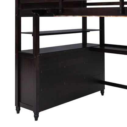 Full Size Loft Bed With Drawers And Desk With Shelves - Espresso