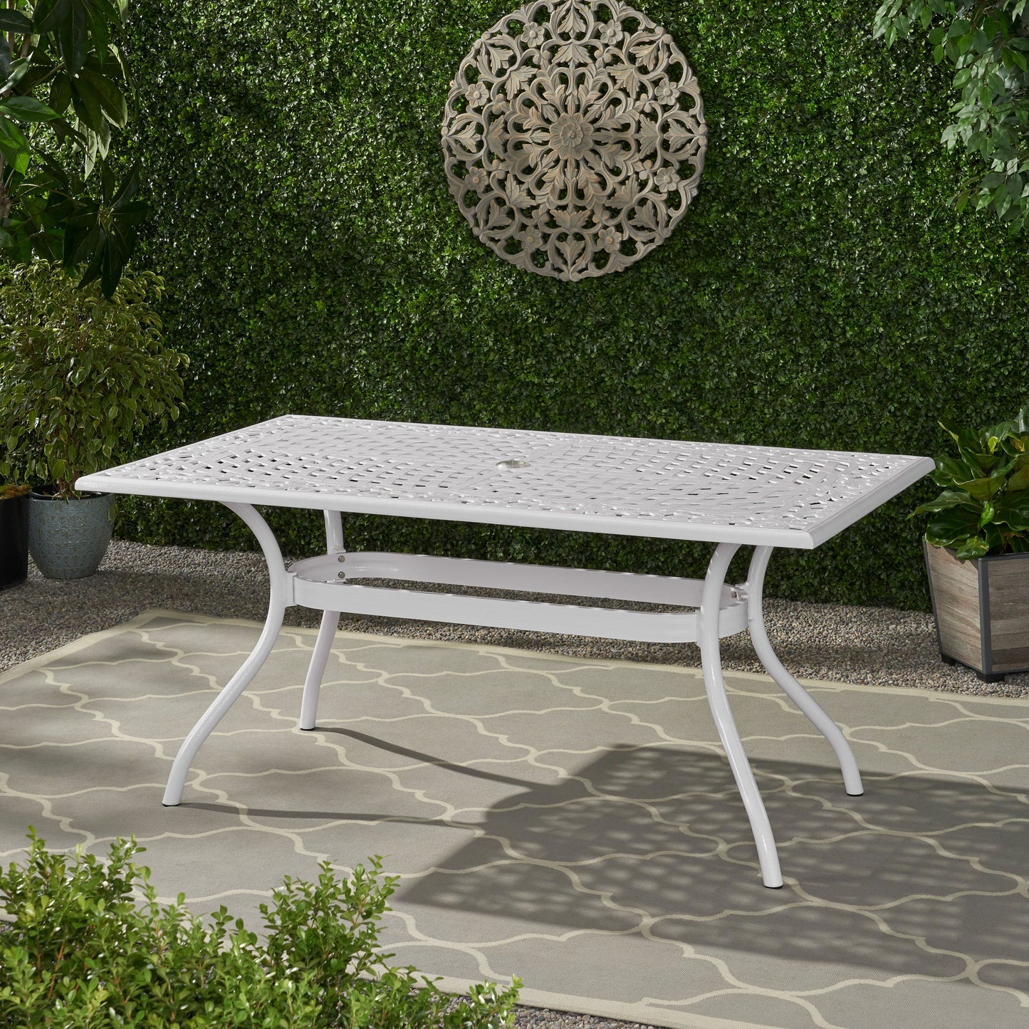 Celestine - Outdoor Cast Aluminum Dining Table With Floral Lattice Design And Umbrella Holder - White