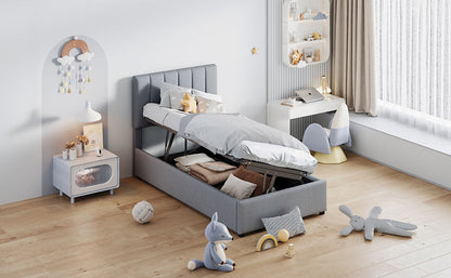 Twin Size Upholstered Platform Bed With A Hydraulic Storage System - Gray