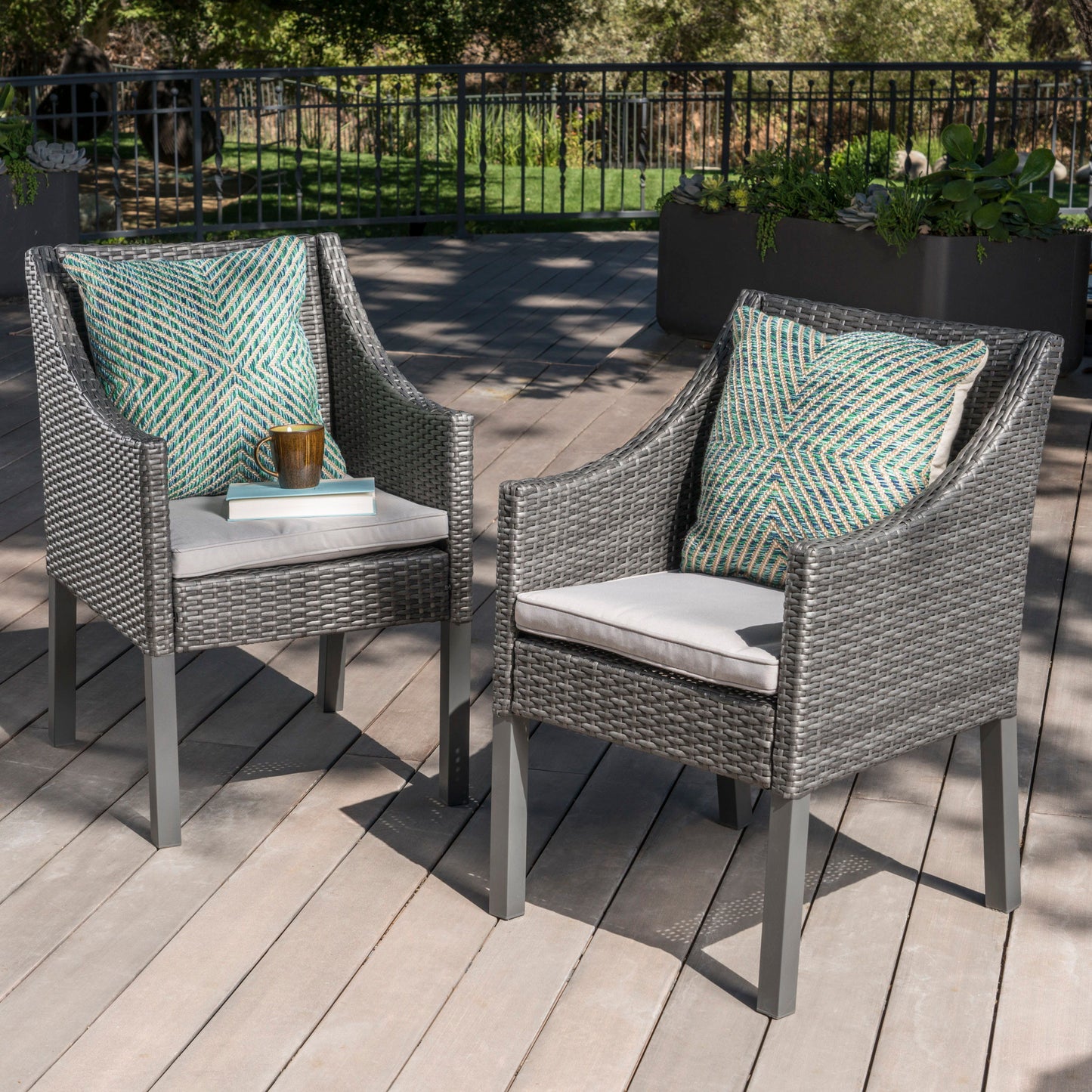 Outdoor Rattan Dining Chair With Straight Legs And Sloped Arms (Set of 2) - Gray / Silver