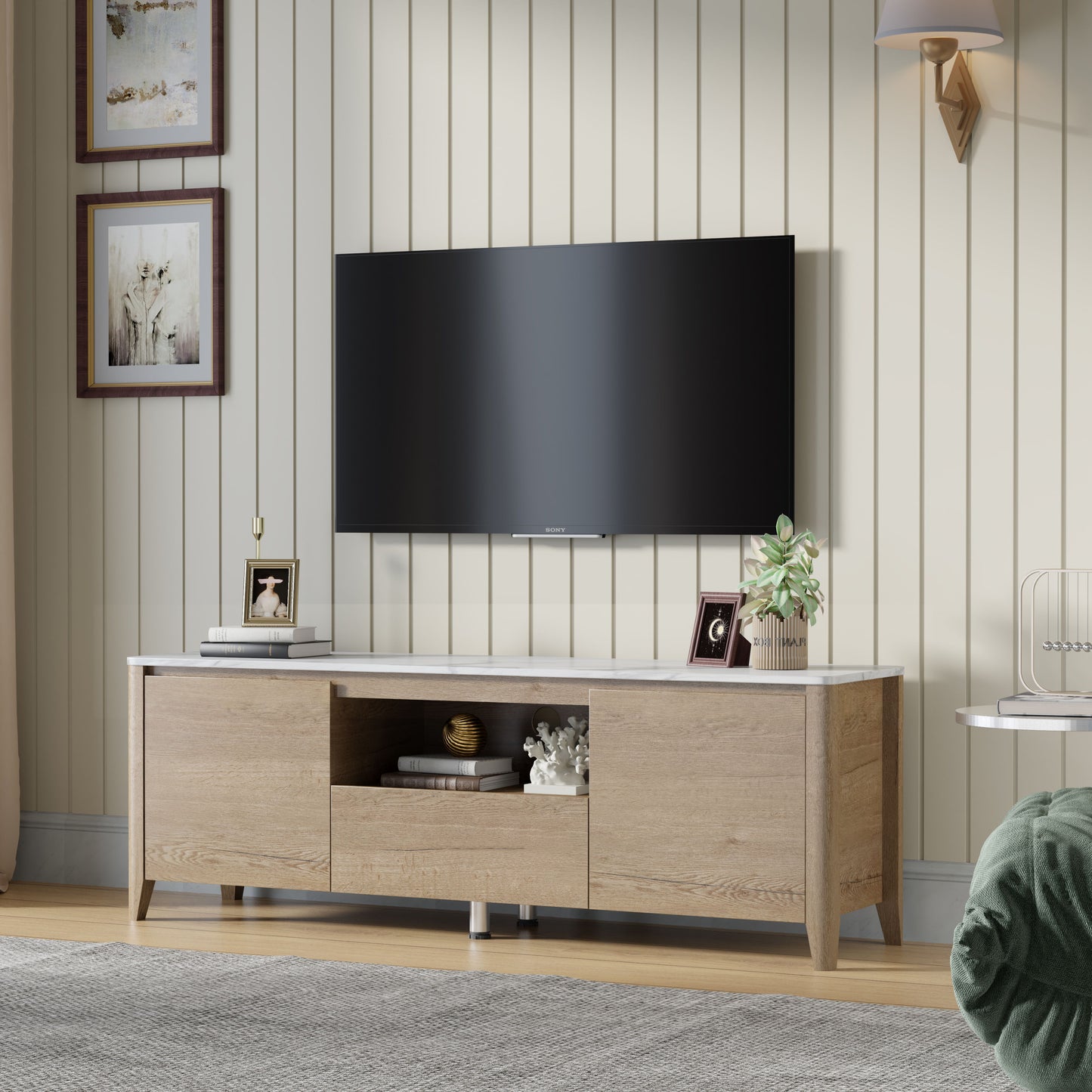 Modern TV Stand With LED Lights Entertainment Center TV Cabinet With Storage For Up To 80" For Gaming Living Room Bedroom - Natural Wood Wash