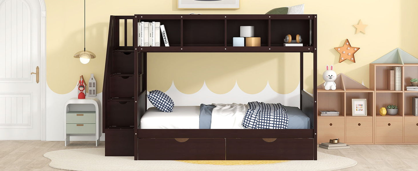 Twin Over Full Bunk Bed With Shelfs, Storage Staircase And 2 Drawers - Espresso