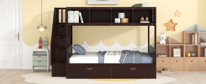 Twin Over Full Bunk Bed With Shelfs, Storage Staircase And 2 Drawers - Espresso