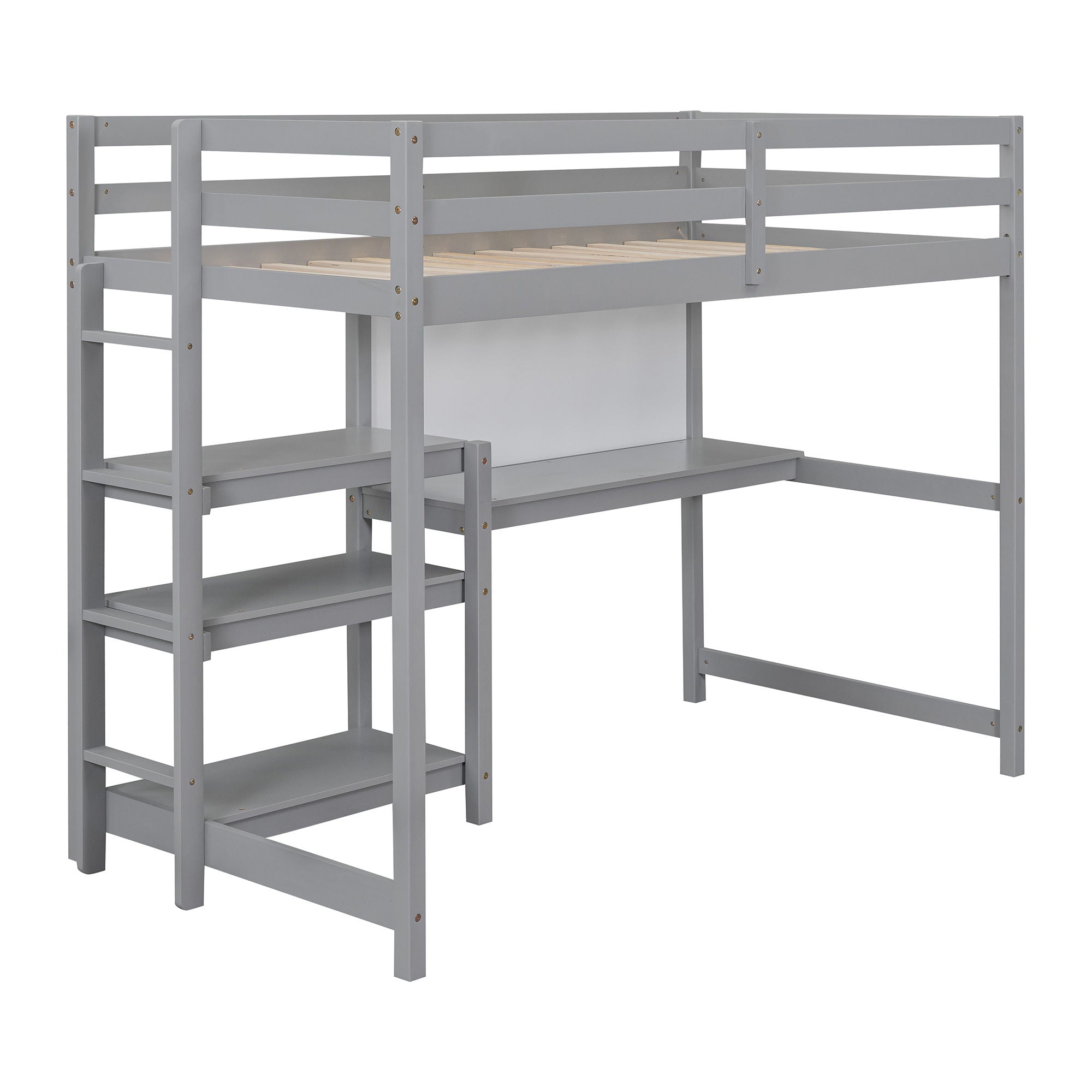 Twin Size Loft Bed With Shelves, Desk And Writing Board - Gray