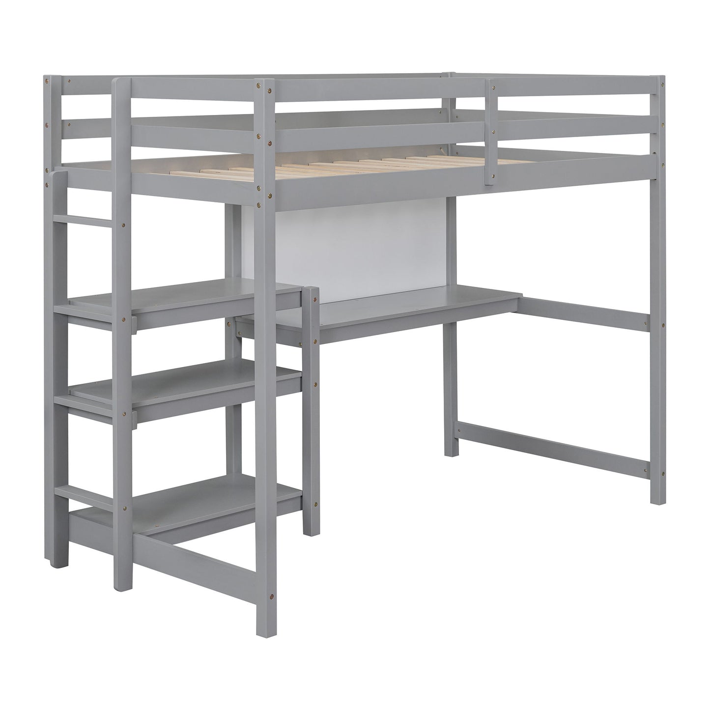 Twin Size Loft Bed With Shelves, Desk And Writing Board - Gray