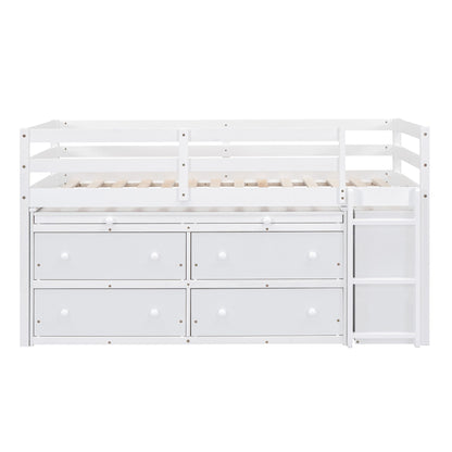 Twin Size Loft Bed With Retractable Writing Desk And 4 Drawers, With Lateral Portable Desk And Shelves - White