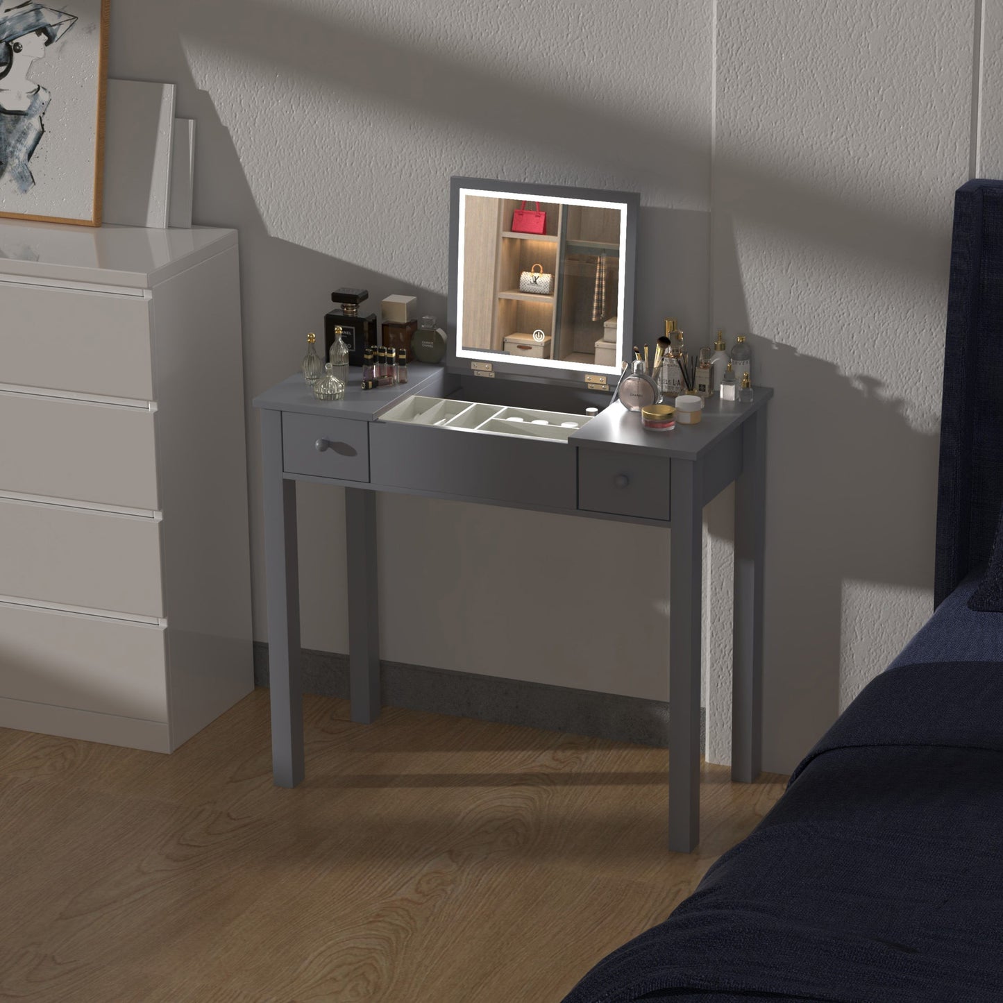 Vanity Table With LED Lights, Flip-Top Mirror And 2 Drawers, Jewelry Storage - Sleek Gray