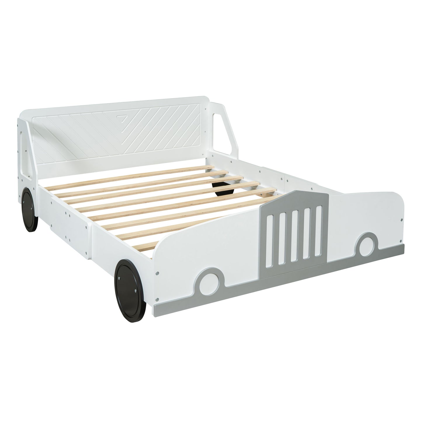 Full Size Car Shaped Platform Bed With Wheels - White