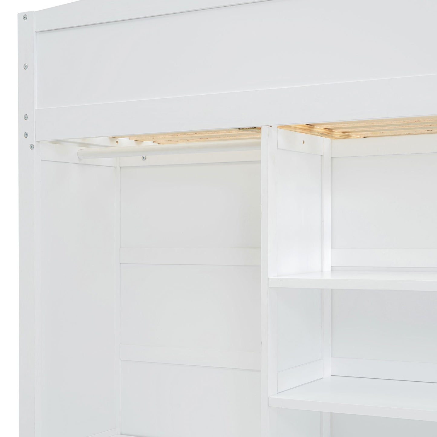 Full Size Loft Bed With Desk, Wardrobes, 4 Drawers And 4 Shelves - White