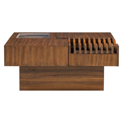 Mid Century Modern Coffee Table, Unique Square Wooden Coffee Table With 3 Drawers, Tempered Glass And Solid Wood Legs For Living Room - Brown