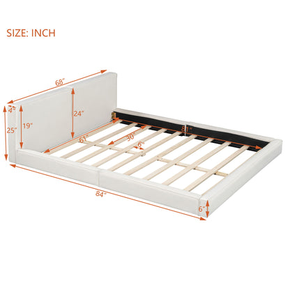 Queen Size Upholstered Platform Bed, Grounded Bed With Solid Frame - Beige
