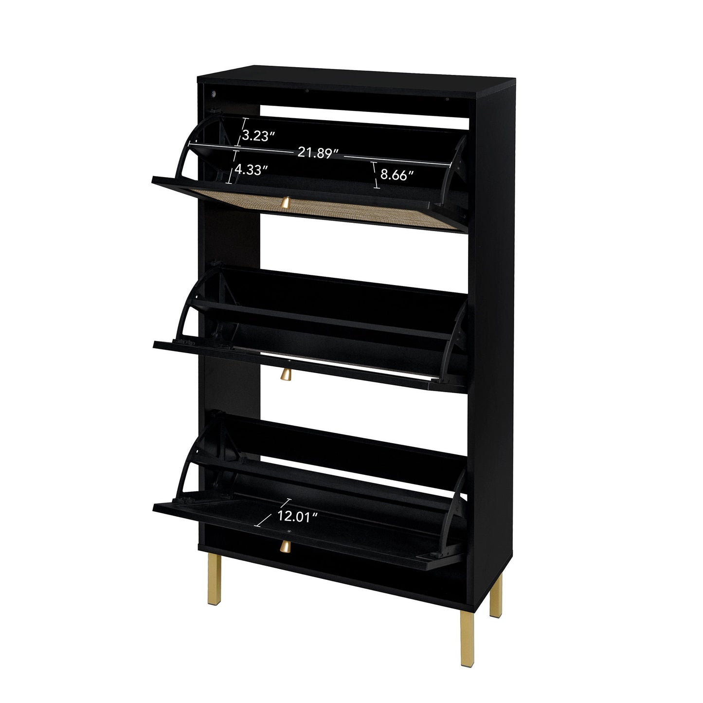 Modern Rattan 3 Door Shoe Rack Cabinet For Entryway Freestanding Black Storage Unit In Particle Board - Black