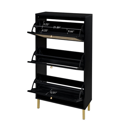 Modern Rattan 3 Door Shoe Rack Cabinet For Entryway Freestanding Black Storage Unit In Particle Board - Black