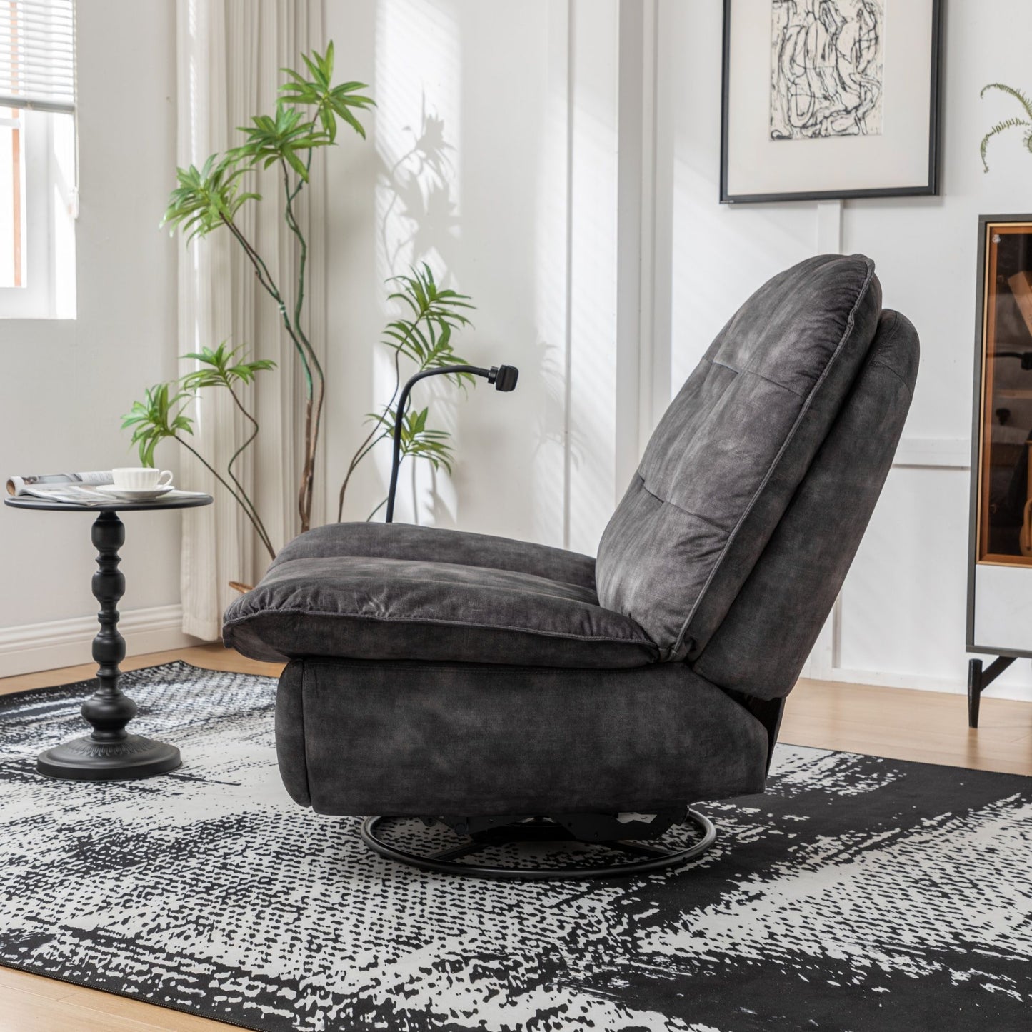 Modern Swivel Gliding Recliner Chair With Rocking Function And Phone Holder - Large Comfortable Reading Chair In Gold Stamped Velvet - Black