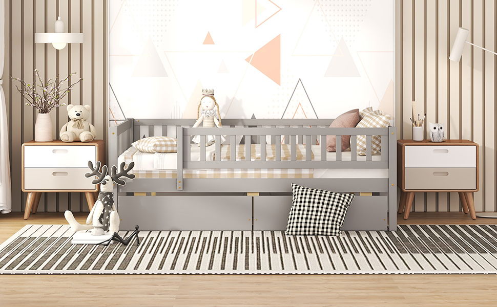 Full Size Daybed Bed With Two Drawers - Gray