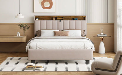 Queen Size Upholstered Platform Bed With Storage Headboard, Twin Long Size Trundle & 2 Drawers And A Set Of Sockets & USB Ports - Beige