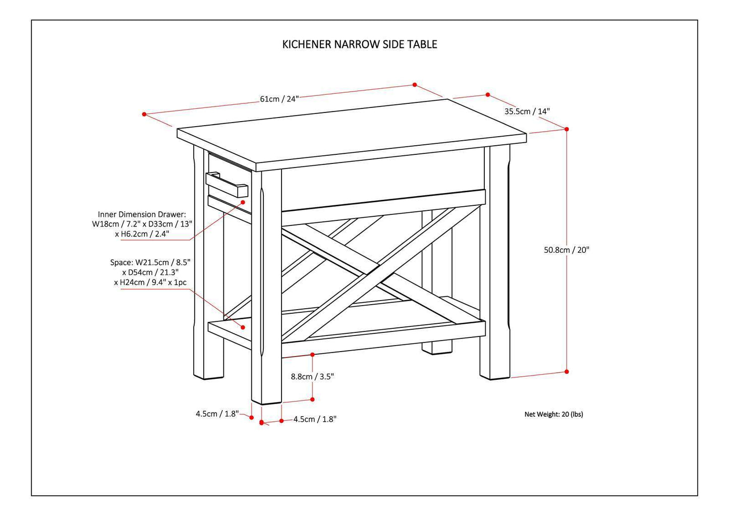 Kitchener - Narrow Side Table - Warm Walnut Brown
