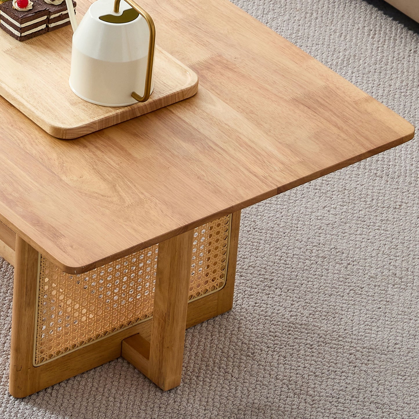 Rubber Wood And Solid Wood Coffee Table Modern Minimalist Rattan Weaving Design, Living Room Balcony, Multifunctional Small Sized Furniture - Natural