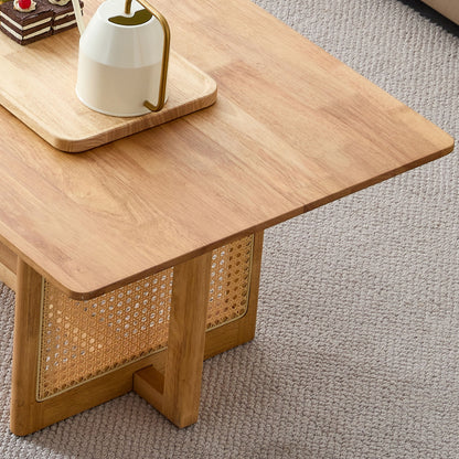 Rubber Wood And Solid Wood Coffee Table Modern Minimalist Rattan Weaving Design, Living Room Balcony, Multifunctional Small Sized Furniture - Natural