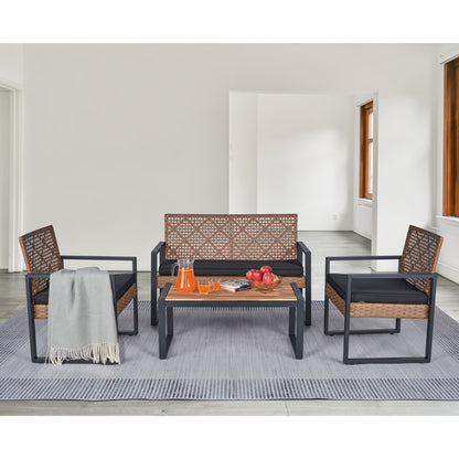 4 Piece Patio Furniture Set Outdoor Balcony Porch Garden Backyard Lawn Furniture Acacia Wood Table Top, Morden - Black And Light Brown