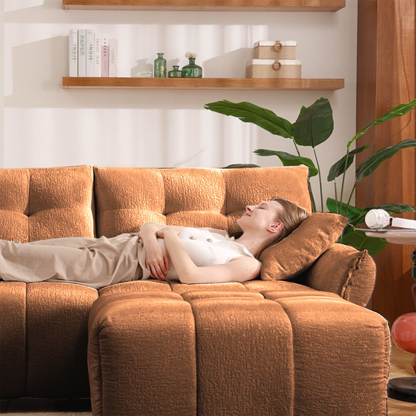 Cozy Plush 2 Seater Sofa Set With Ottomans And Throw Pillows - Burnt Orange