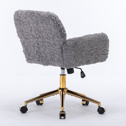 Office Chair, Artificial Rabbit Hair Home Office Chair With Golden Metal Base, Adjustable Desk Chair Swivel Office Chair, Vanity Chair - Gray
