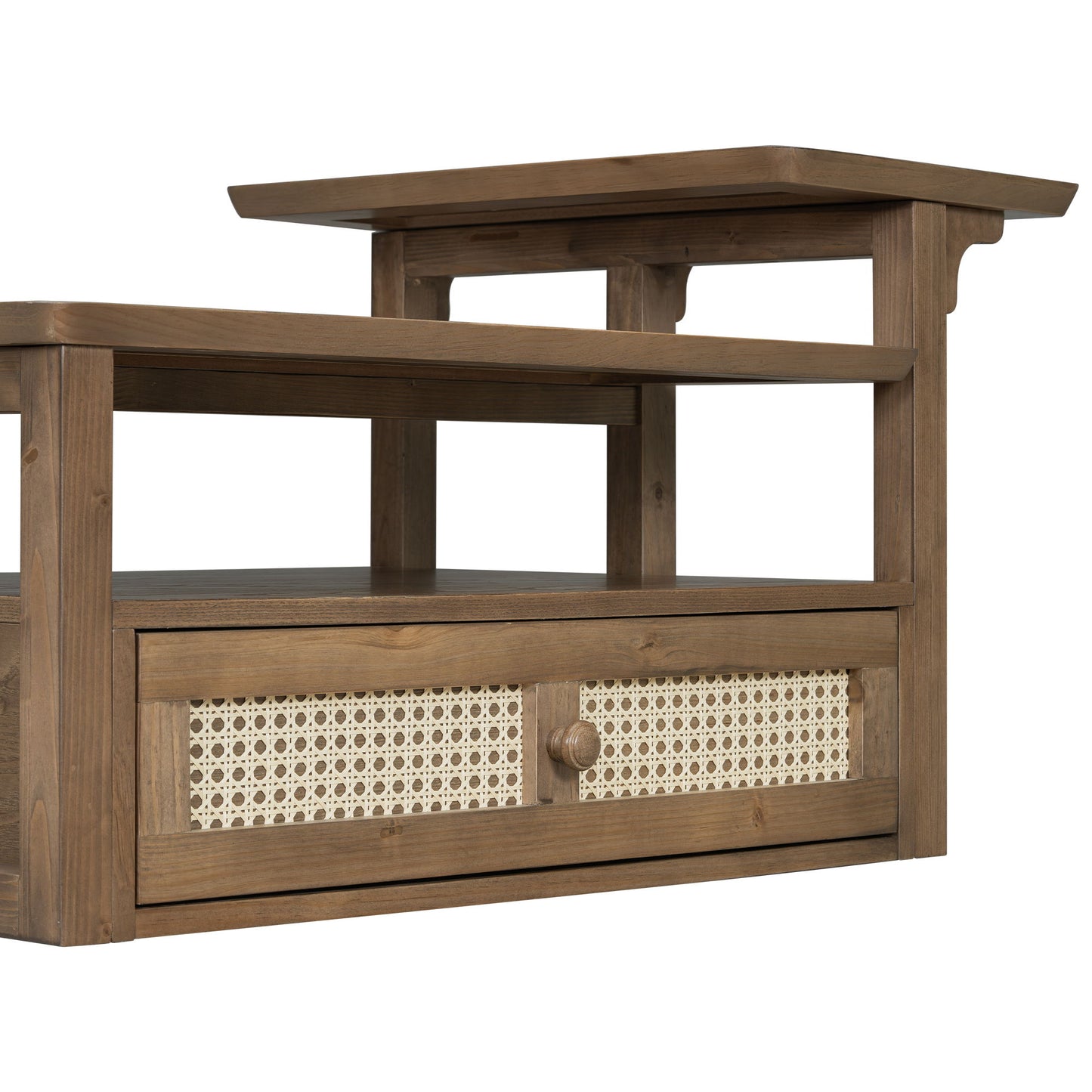 Modern Coffee Table, Coffee Table With 1 Storage Shelf, 2 Tabletops And 1 Rattan Drawer For Living Room - Dark Brown