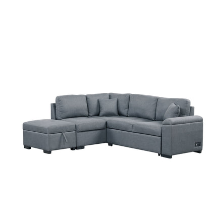 Sleeper Sectional Sofa, L-Shape Corner Couch Sofa - Bed With Storage Ottoman & Hidden Arm Storage & USB Charge For Living Room Apartment - Dark Gray