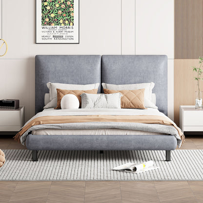 Queen Size Upholstered Platform Bed With 2 Large Headrests And Thick - Gray