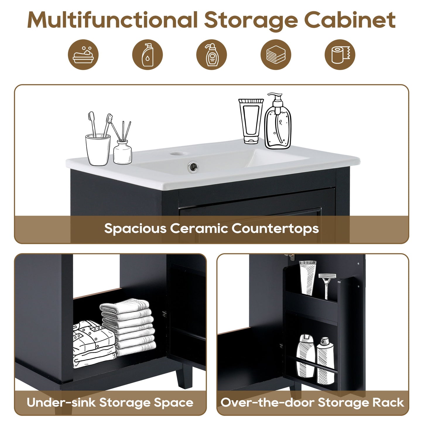 Modern Small Bathroom Vanity Cabinet With Ceramic Basin, Ample Storage, 1 Soft Close Door - Black