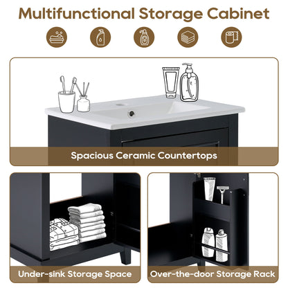 Modern Small Bathroom Vanity Cabinet With Ceramic Basin, Ample Storage, 1 Soft Close Door - Black