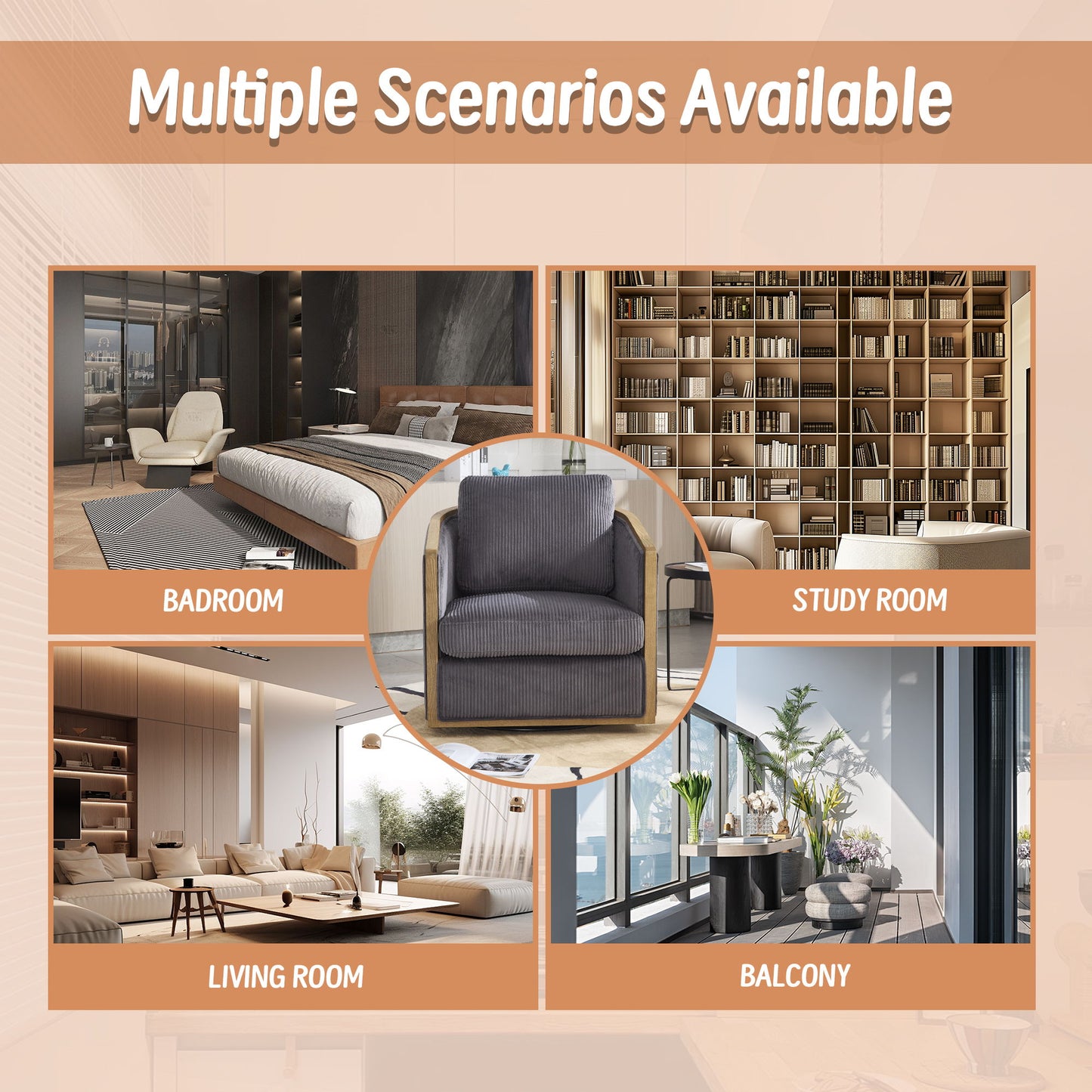 Corduroy Swivel Barrel Chair, Comfortable Accent Sofa, 360 Degree Swivel - Dark Gray
