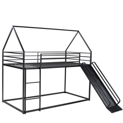 Twin Over Twin House Bunk Bed With Ladder And Slide - Black