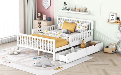 Full Size Platform Bed With Guardrails On Both Sides And 2 Storage Drawers - White
