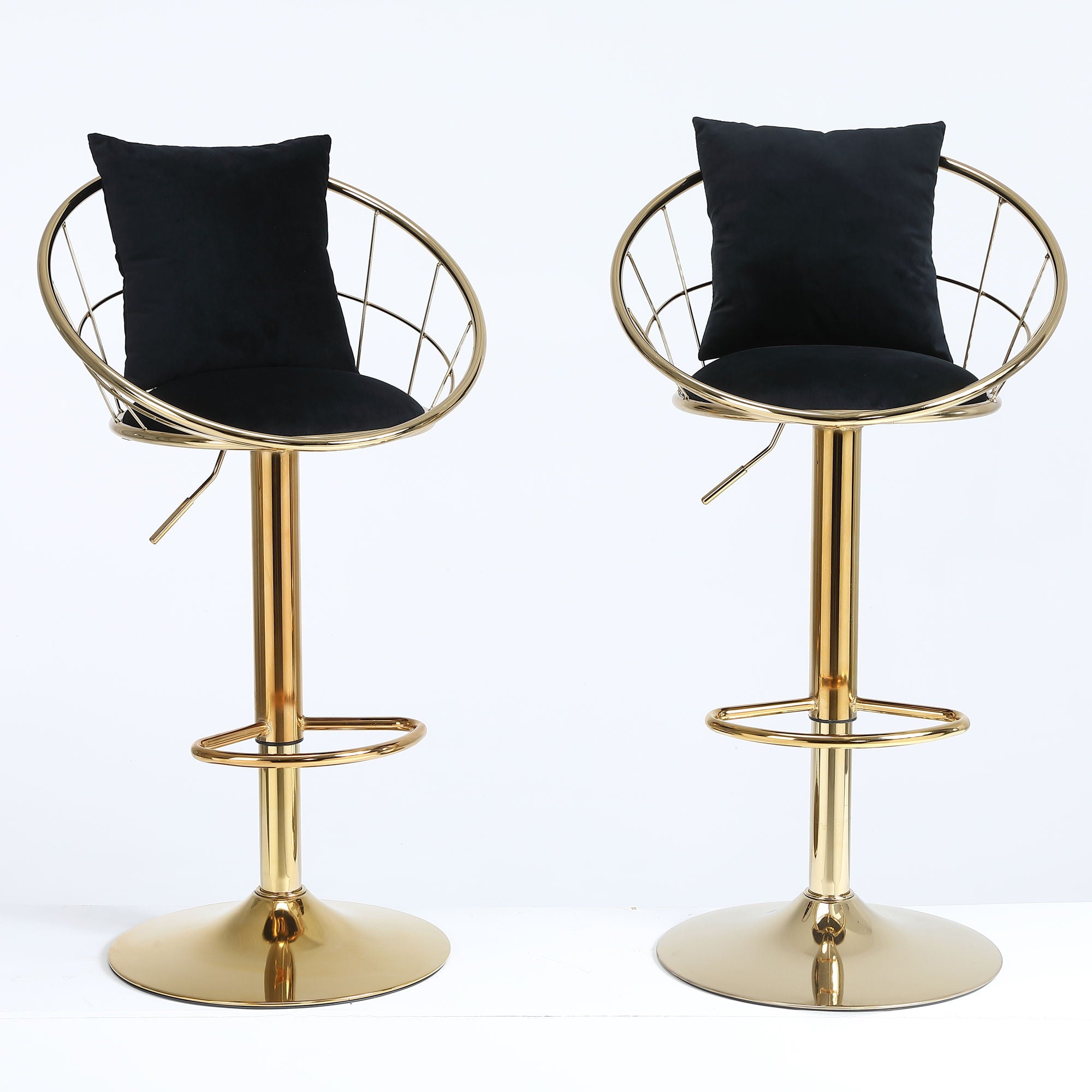 Velvet Bar Chair, Pure Gold Plated, Unique Design, 360 Degree Rotation, Adjustable Height, Suitable For Dining Room And Bar, (Set of 2) - Black