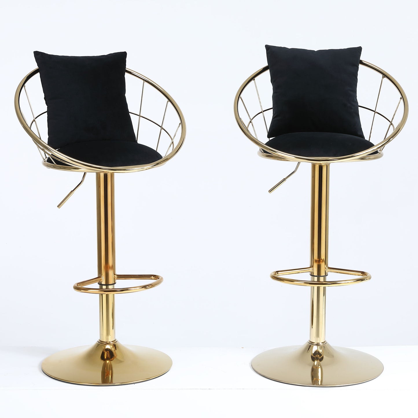 Velvet Bar Chair, Pure Gold Plated, Unique Design, 360 Degree Rotation, Adjustable Height, Suitable For Dining Room And Bar, (Set of 2) - Black