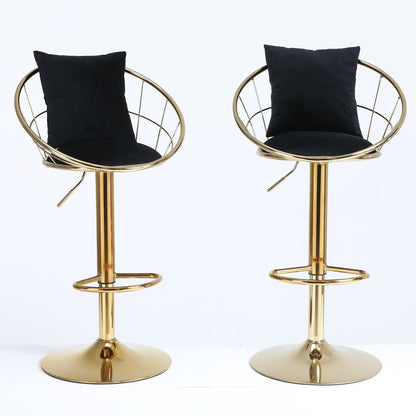 Velvet Bar Chair, Pure Gold Plated, Unique Design, 360 Degree Rotation, Adjustable Height, Suitable For Dining Room And Bar, (Set of 2) - Black