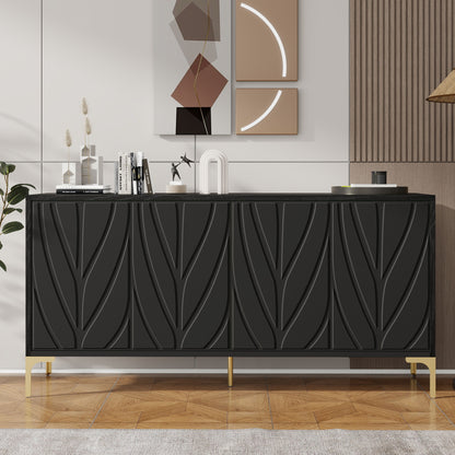 Modern Sideboard Buffet Cabinet With Handleless Press To Open Design, Carved Credenza Storage Cabinet With 4 Doors Construction - Black