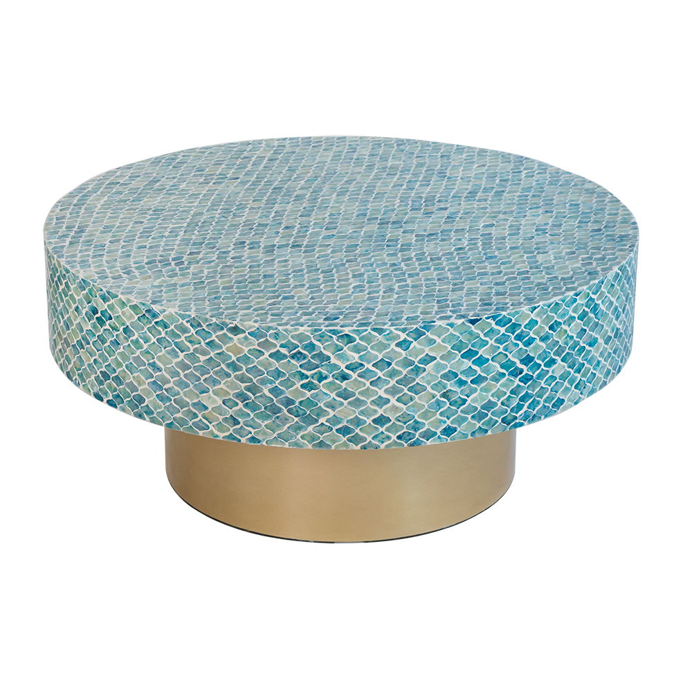 Unique Hyperion Capiz Inlay Drum Coffee Table With Pedestal Base - Multi