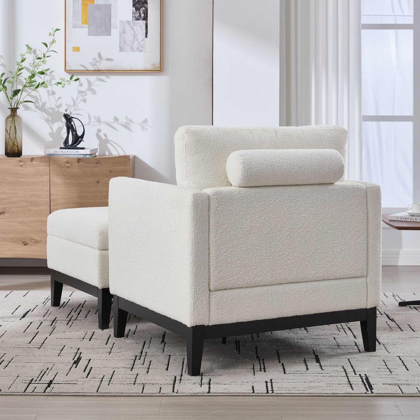 Farmhouse Upholstered Accent Chair With Ottoman, Wood Base, Reversible Lid Coffee Table For Living Room Or Office - Ivory