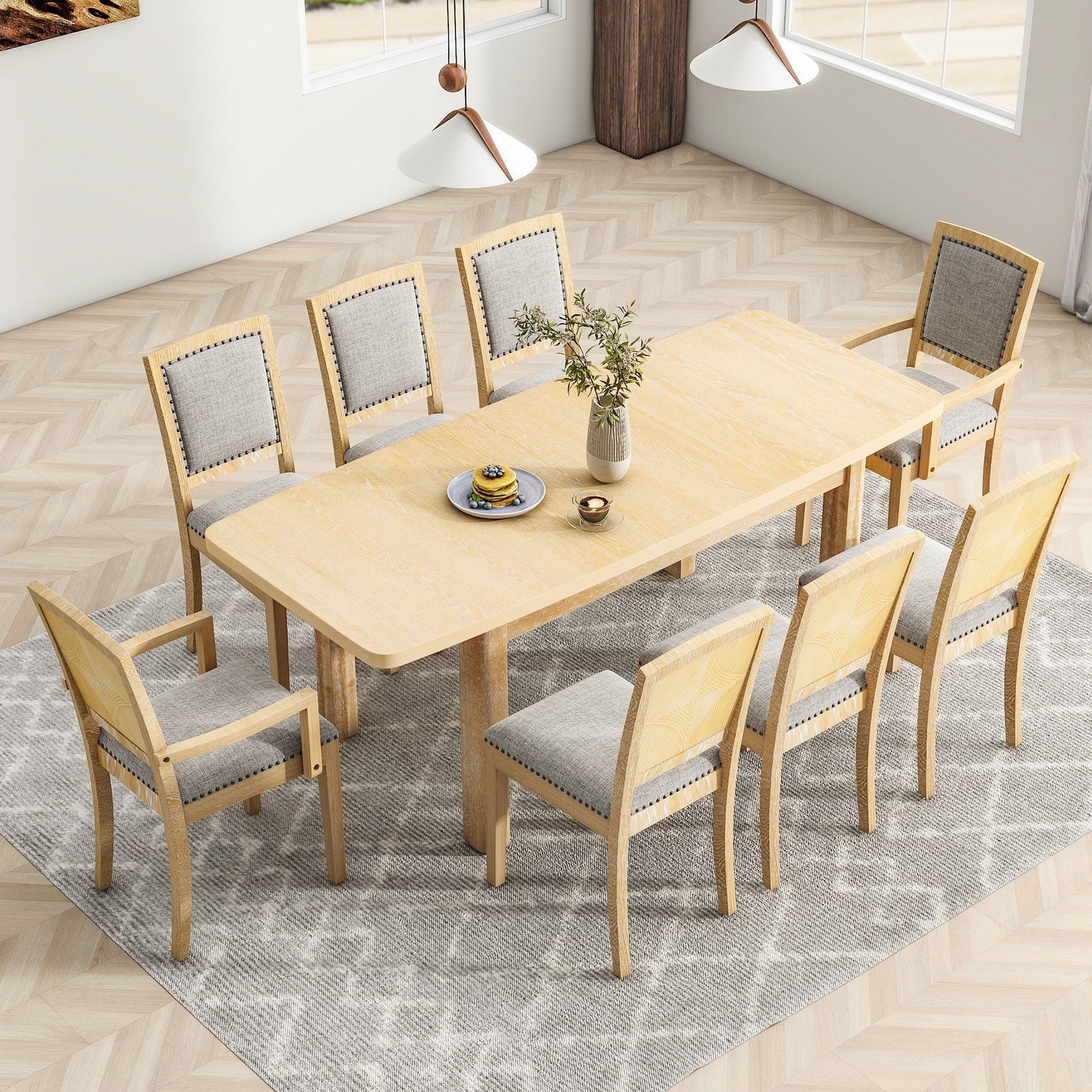Topmax - Rustic Extendable Dining Table Set With Removable Leaf, 6 Upholstered Armless Dining Chairs And 2 Padded Arm Chairs, 9 Pieces - Natural